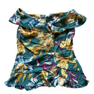 Floral Off Shoulder Top Ruffle and Rouching Size Large Feminine Vacation Elegant